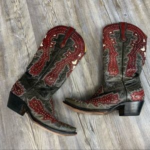 Corral Black Red Overlay with Studs Cowboy Boot Size 9